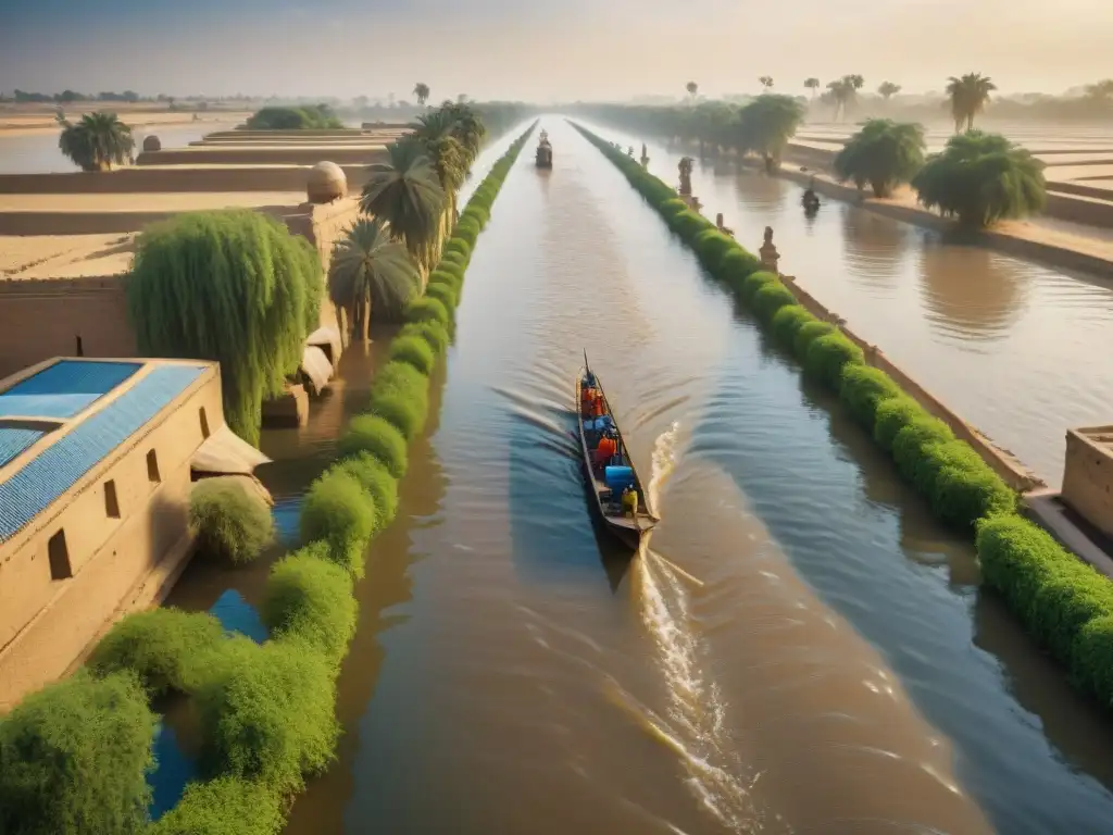 Egipto Antiguo: Vida en el Nilo durante la inundación anual Vida cotidiana en la misteriosa inundación del Nilo, con canales, campos y personas en armonía con las aguas