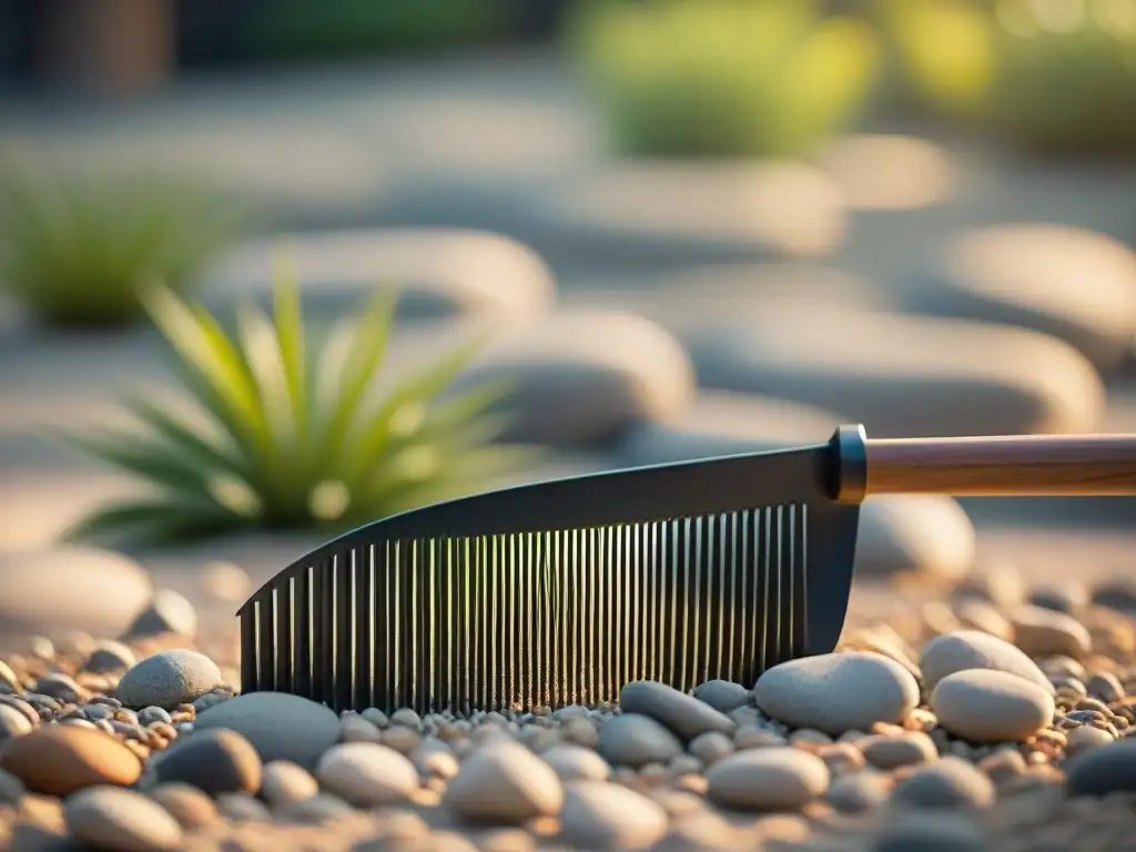 Un jardín zen para meditación cobra vida con un rastrillo, creando patrones en la grava suave en un paisaje sereno y minimalista