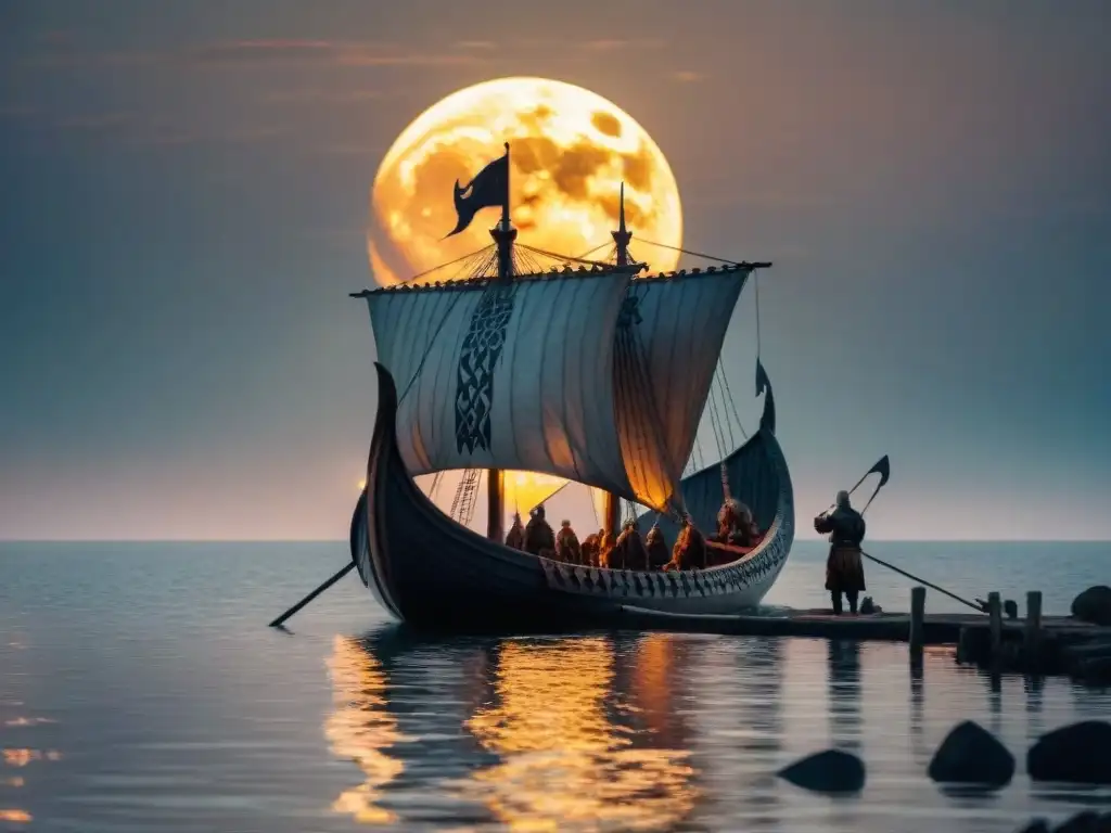 Vikingo navegando en un barco bajo la luna llena, con simbolismo lunar