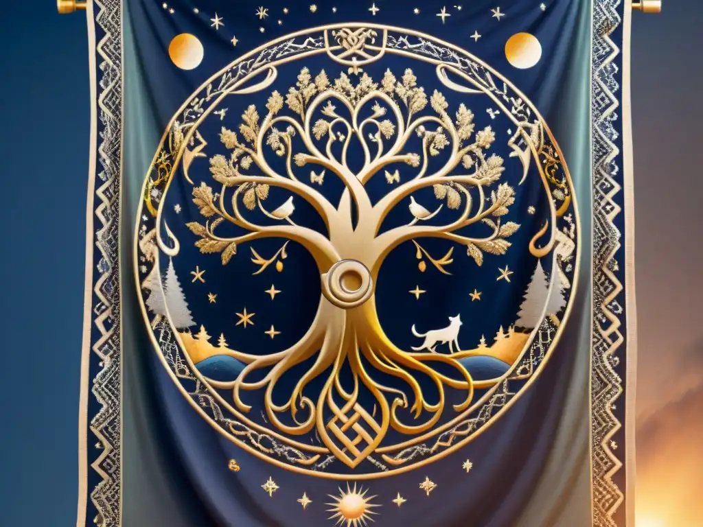 Tapiz vikingo de la cosmología y mitología estelar: Yggdrasil, Odin, lobos y cuervos en un cosmos dorado y azul