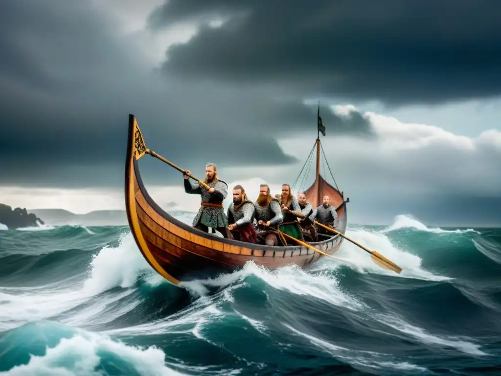 Un drakkar vikingo con guerreros remando en el mar tempestuoso, reflejando valores éticos en mitología nórdica