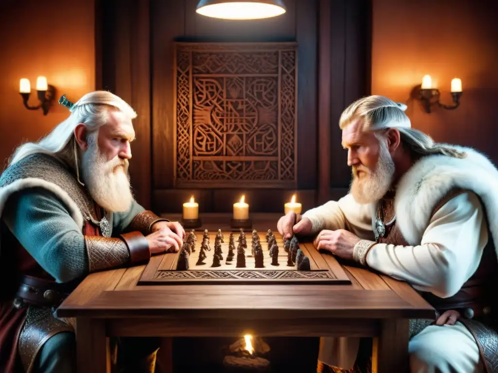 Vikingos ancianos juegan Hnefatafl en mesa tallada, destacando la importancia de juegos de mesa en sociedades antiguas