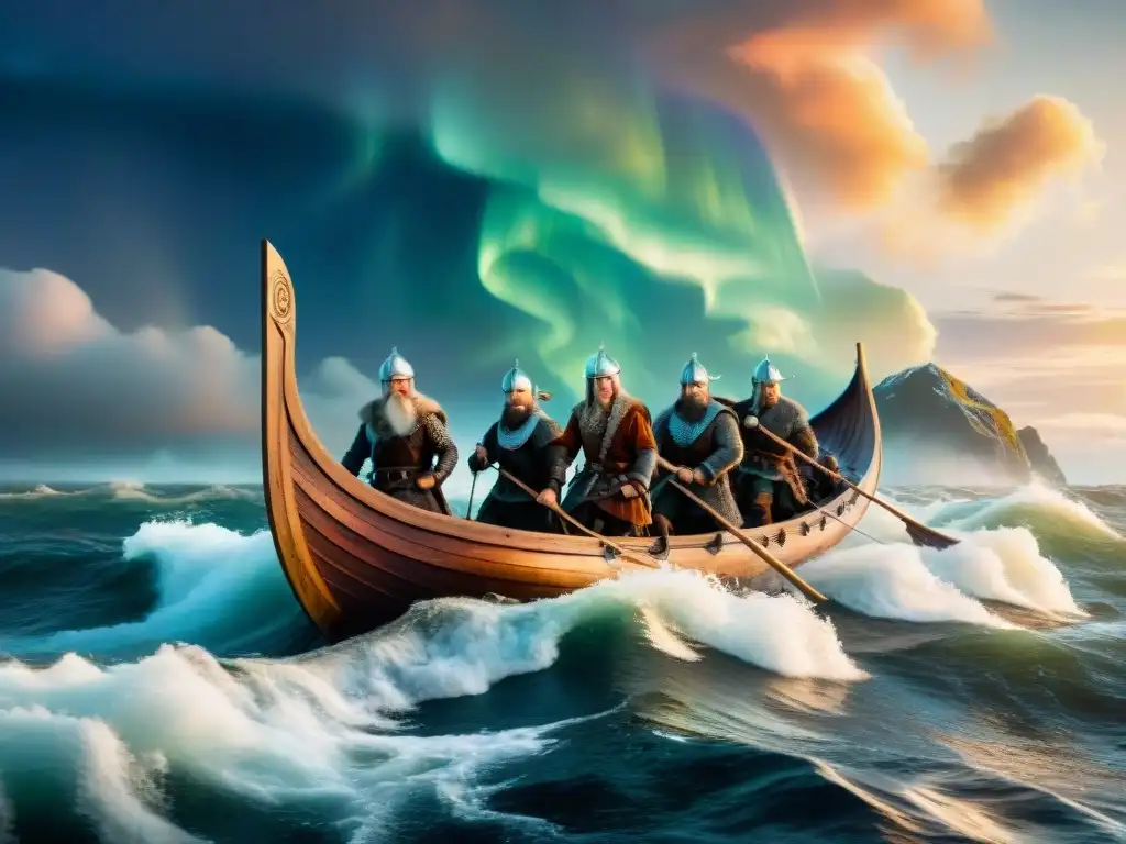 Vikingos antiguos explorando mares turbulentos bajo auroras boreales, reflejando el legado de exploración vikingo