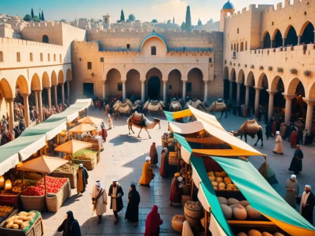 Reconstrucción virtual de Jerusalén en civilizaciones antiguas: animado mercado con arquitectura detallada, personas y animales
