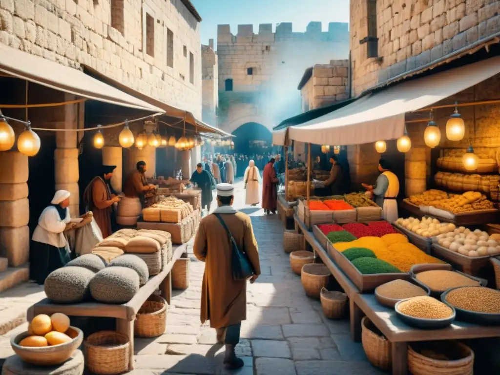 Reconstrucción virtual Jerusalén civilizaciones antiguas: Mercado bullicioso en la Edad de Bronce, vendedores, compradores y arquitectura urbana