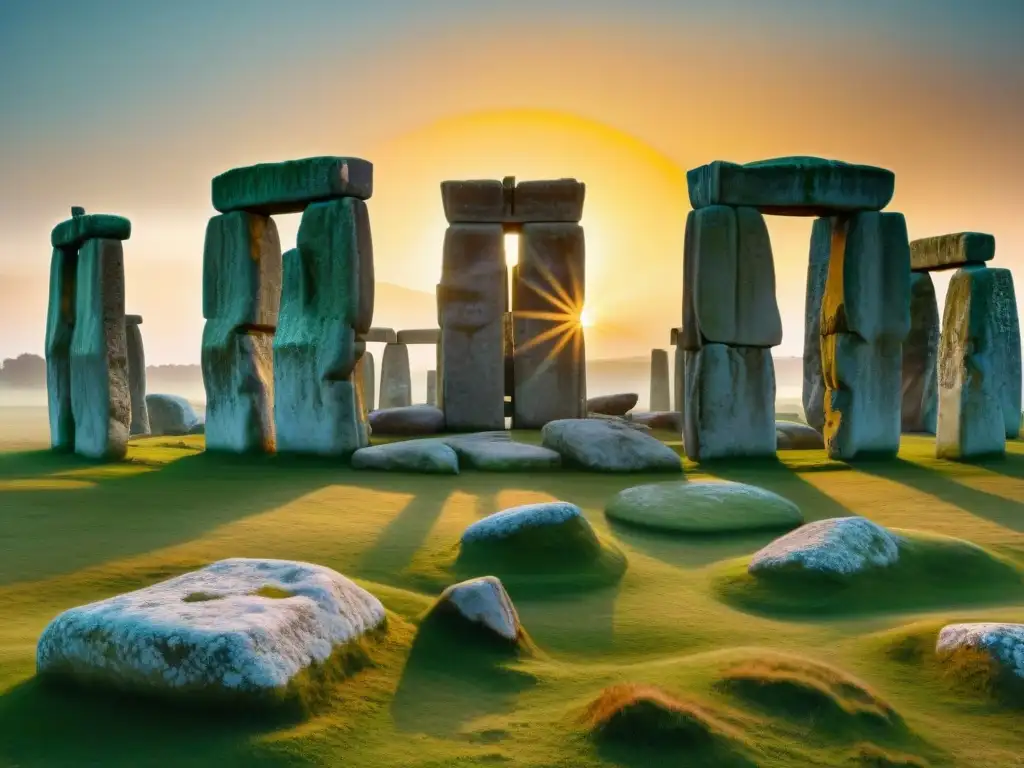 Reconstrucción virtual detallada en 8k de Stonehenge al amanecer en el solsticio de verano