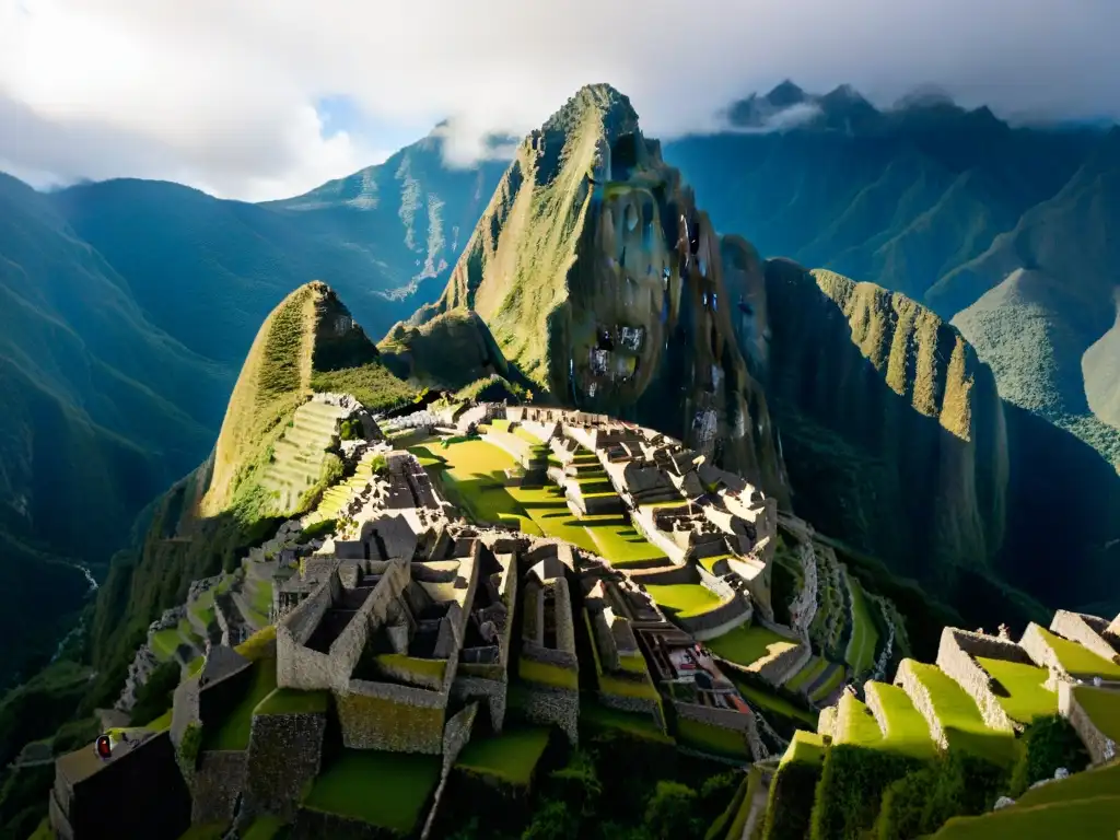 La reconstrucción virtual de Machu Picchu cambiando: detalle de las antiguas estructuras de piedra y los majestuosos Andes