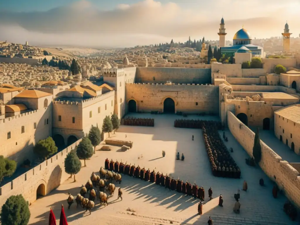 Reconstrucción virtual de Jerusalén durante la dominación romana, mostrando calles bulliciosas y soldados romanos patrullando