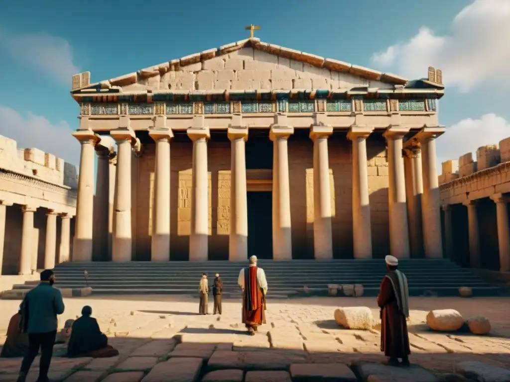 Reconstrucción virtual del Templo de Jerusalén en la era helenística, mostrando las civilizaciones antiguas en un escenario bullicioso y grandioso
