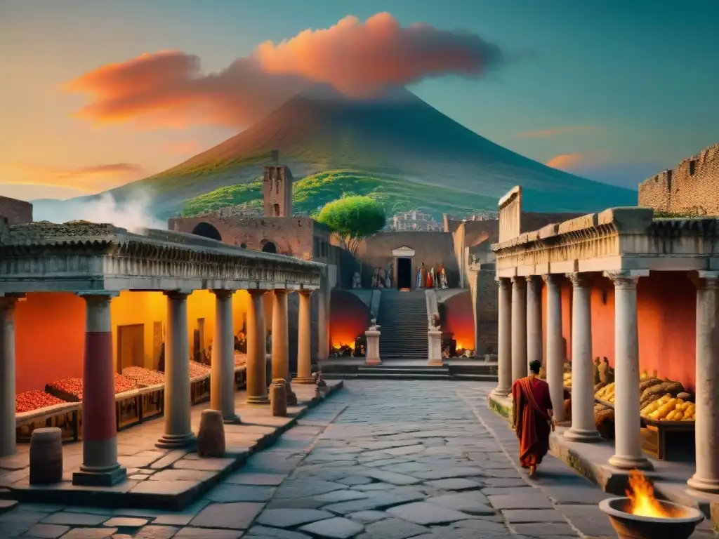 Recreación virtual de la vida diaria en Pompeya, con coloridos mercados y el imponente Vesuvio al fondo