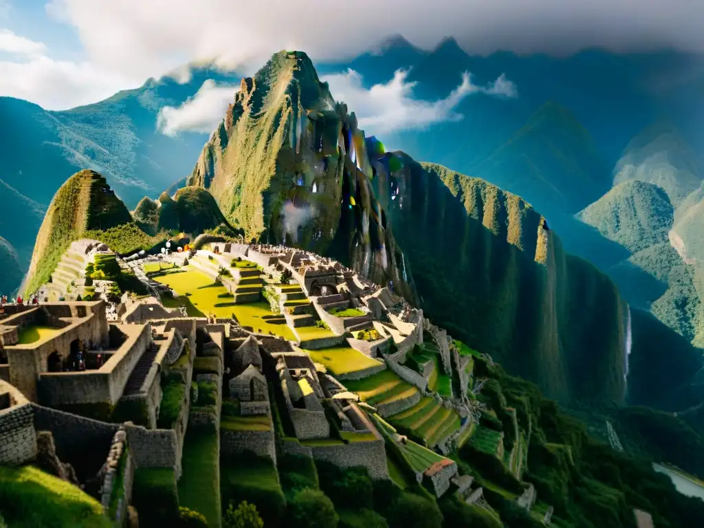 Reconstrucción virtual de Machu Picchu cambiando: vista detallada de la arquitectura inca rodeada de exuberante vegetación y montañas majestuosas