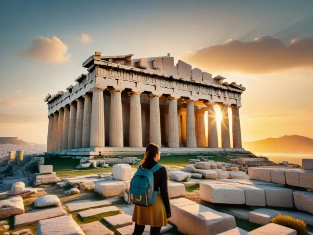 Visita virtual Acrópolis de Atenas: la majestuosidad del Partenón en detalle, bañado por la cálida luz solar