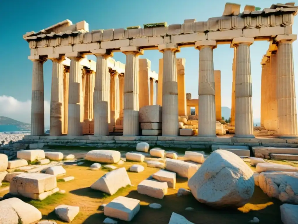 Visita virtual Acrópolis de Atenas: El majestuoso Partenón brilla bajo el sol mediterráneo, mientras turistas admiran su belleza atemporal