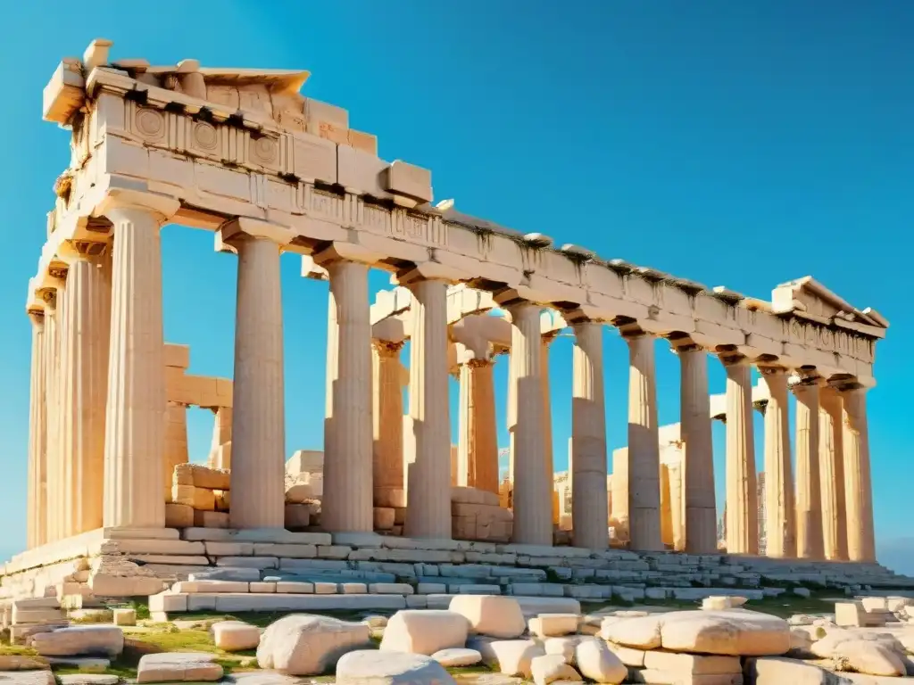 Visita virtual Acrópolis de Atenas: Majestuoso Parthenon bajo cielo azul, columnas dorias y mármol antiguo, visitantes maravillados