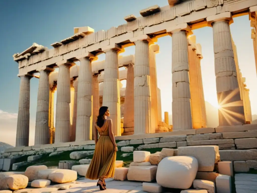 Visita virtual Acrópolis de Atenas: Detalles fascinantes del Partenón bañados por la cálida luz del atardecer, reflejando su grandiosidad histórica