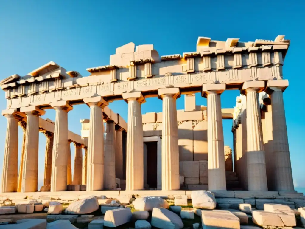 Visita virtual Acrópolis de Atenas: Detalle del Partenón con sus columnas dóricas y esculturas de mármol bajo el cielo azul de Atenas