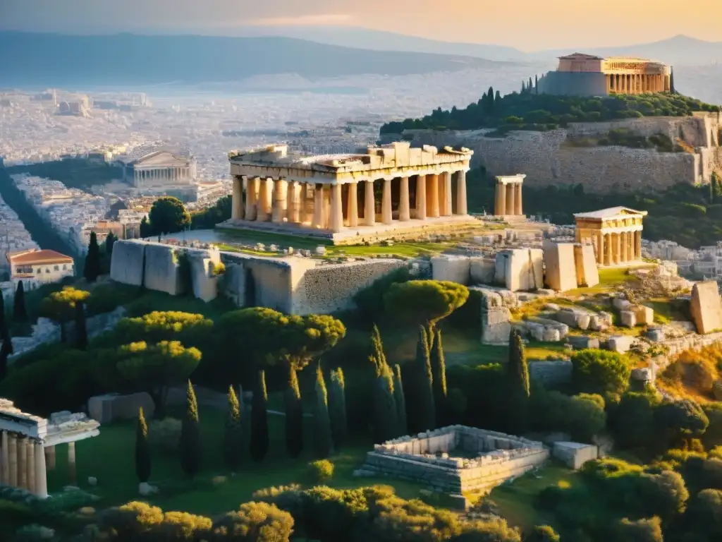 Visita virtual Acrópolis de Atenas: El Parthenon bañado en luz dorada, con la ciudad al fondo, transmite grandeza y serenidad