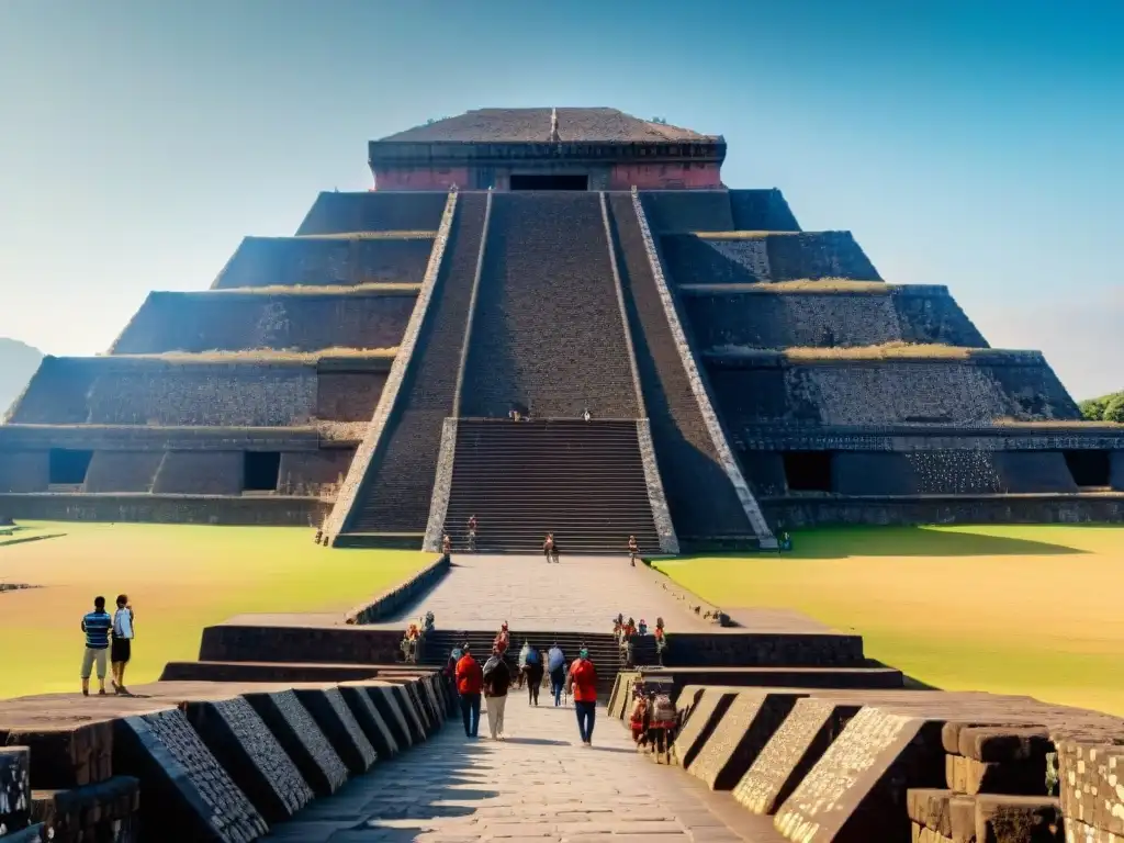 Visitantes maravillados junto a la imponente Pirámide del Sol en Teotihuacán, ciudad donde los hombres se convierten en dioses