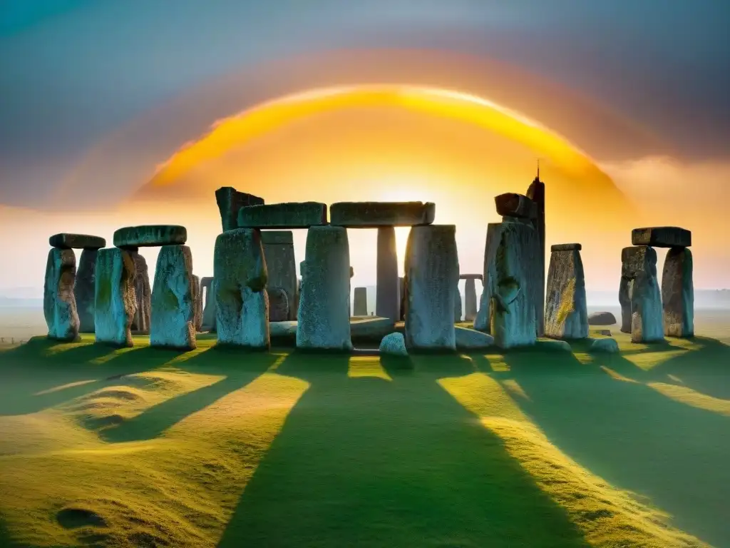 Visitantes en Stonehenge contemplando el ocaso dorado, revelando secretos del cosmos