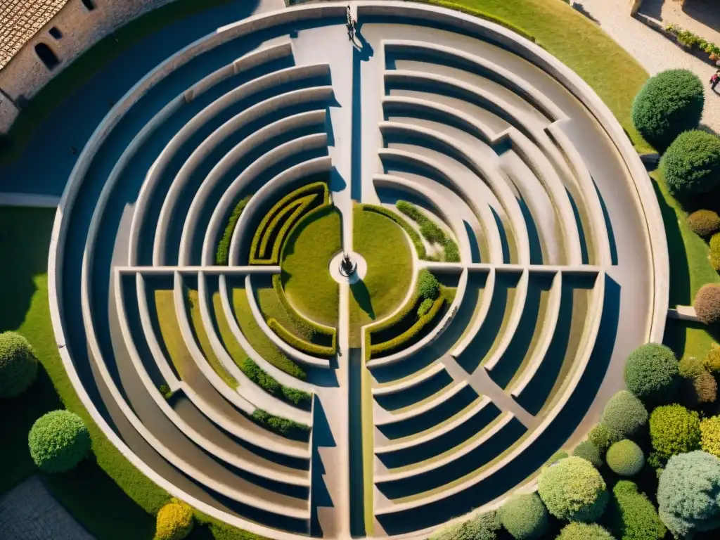 Visitantes en poses meditativas recorren el laberinto de Chartres, símbolo de autoconocimiento y significado espiritual