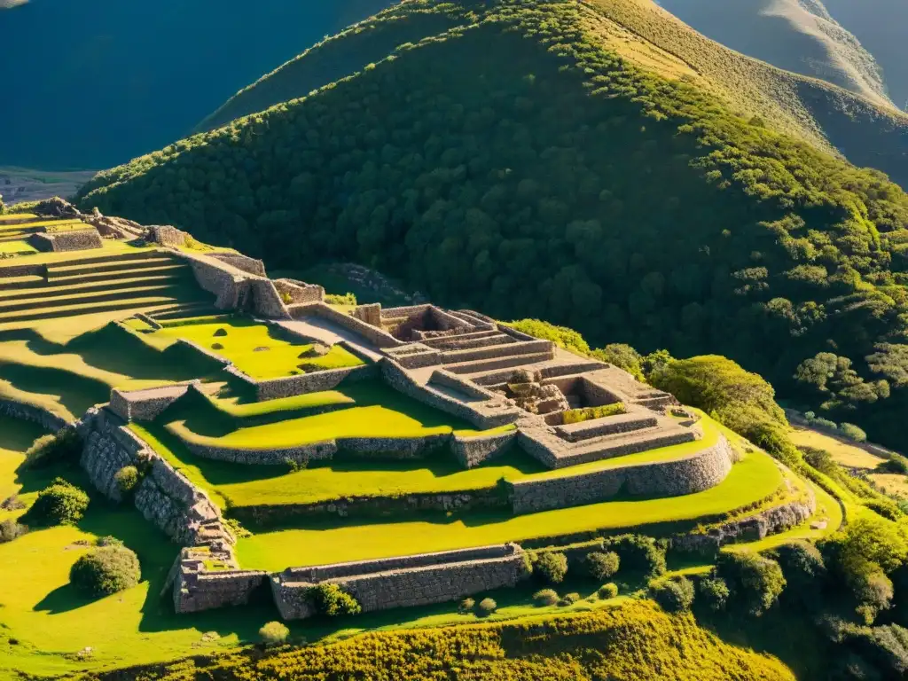 Vista aérea en alta resolución de las intrincadas esculturas y laberínticos diseños de Chavín de Huántar, enigma civilización andina Chavín