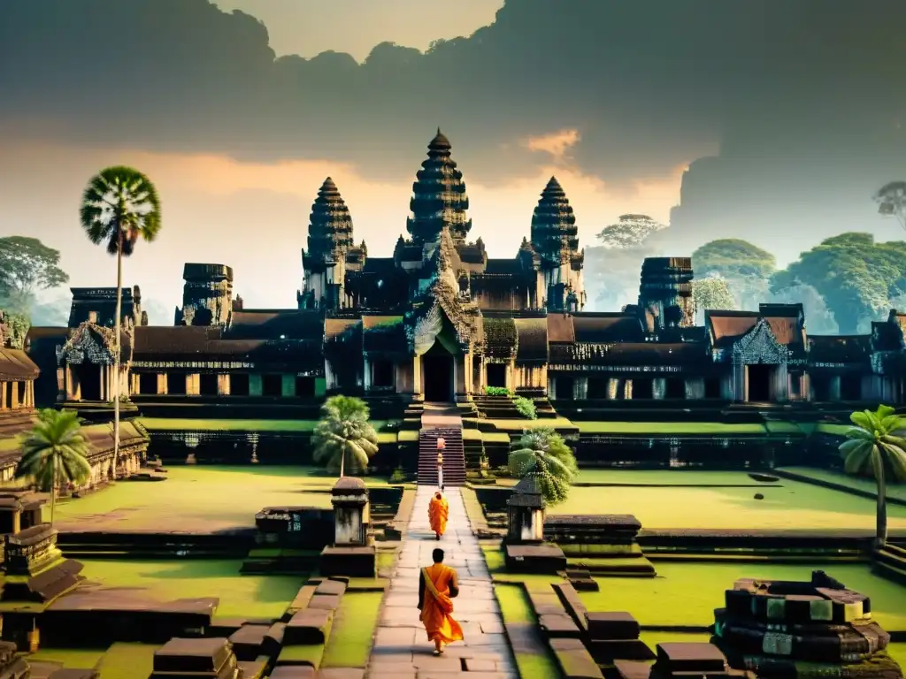 Vista aérea de Angkor Wat, templos antiguos rodeados de exuberante vegetación