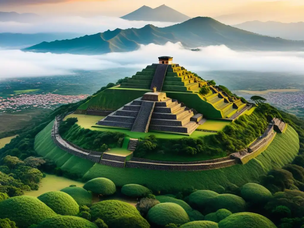 Vista aérea asombrosa de la antigua ciudad montañesa zapoteca de Monte Albán entre la exuberante vegetación de las montañas de Oaxaca