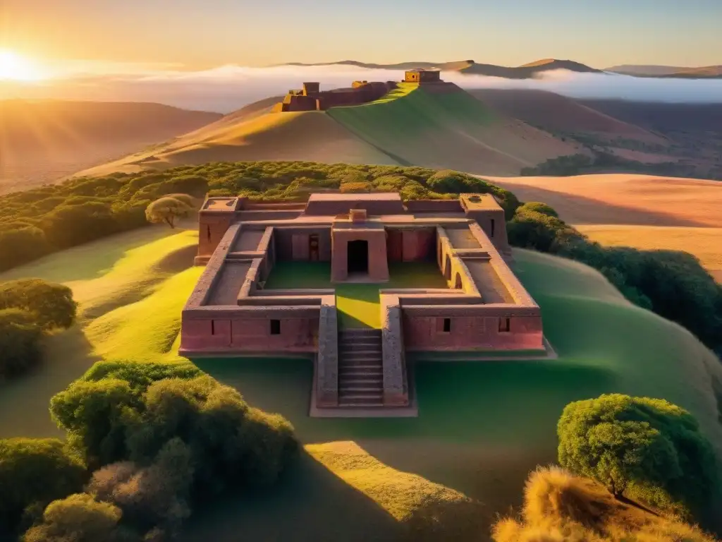 Vista aérea de alta resolución de Puma Punku al atardecer, mostrando las estructuras de piedra y el paisaje circundante