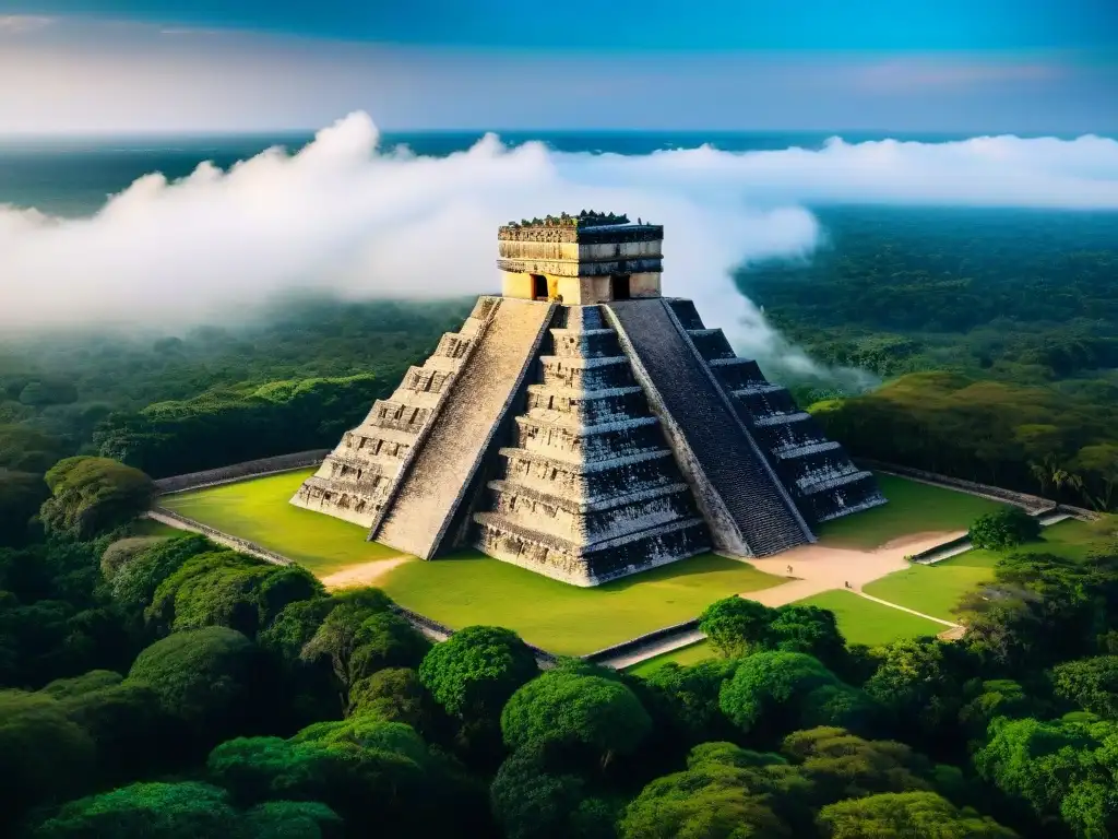 Vista aérea de El Castillo en Chichén Itzá, destacando su arquitectura maya y la exuberante jungla