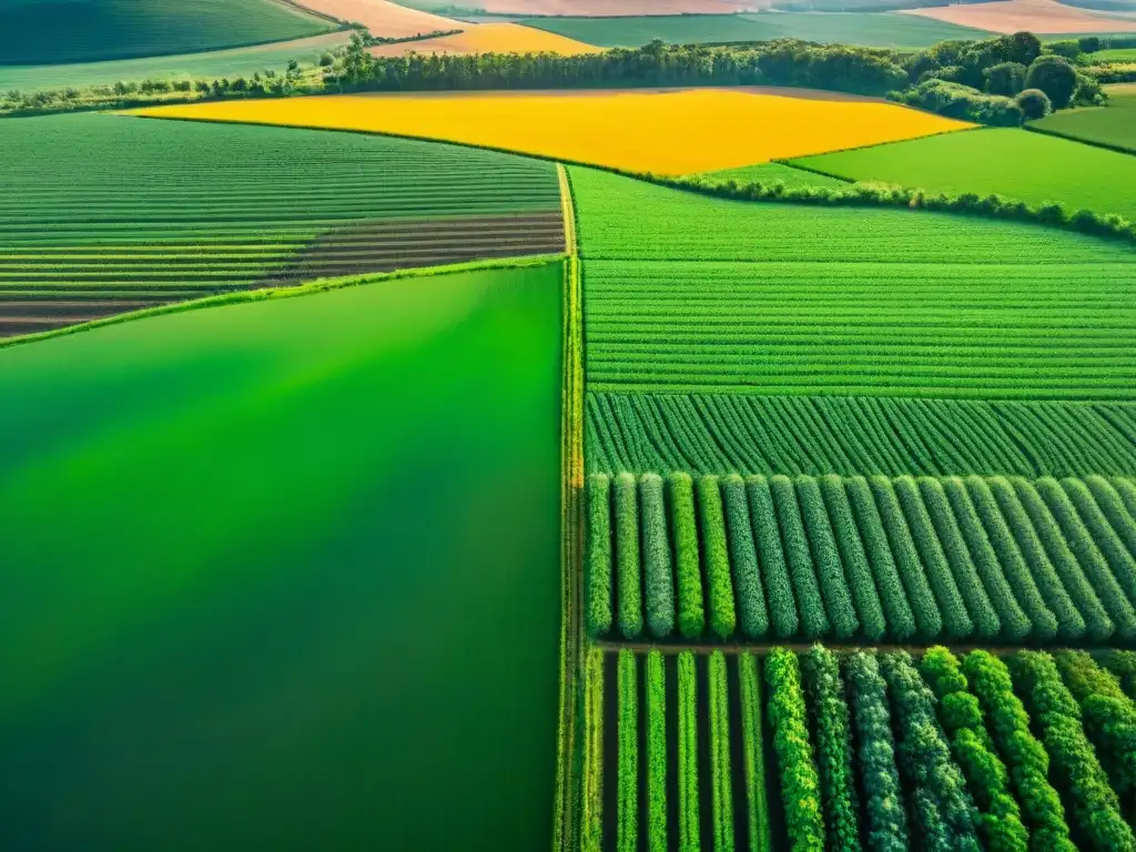 Esplendor agrícola: Campos verdes bajo el sol Vista aérea cautivadora de campos agrícolas organizados con precisión, bañados por la luz del atardecer y cuidados por agricultores