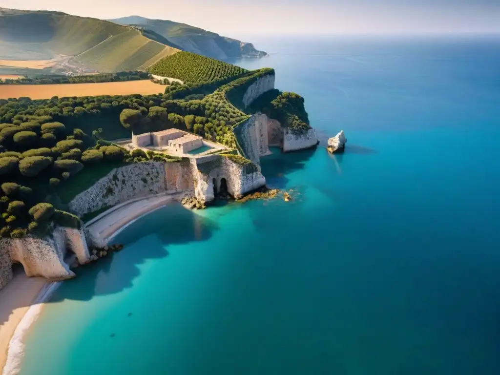 Vista aérea de la costa de Cumas, Italia, con ruinas del Templo de Apolo y el mar Tirreno bajo el sol mediterráneo