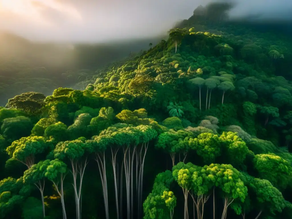 Vista aérea de la densa selva con luz dorada filtrándose entre hojas, revelando antiguas estructuras de piedra