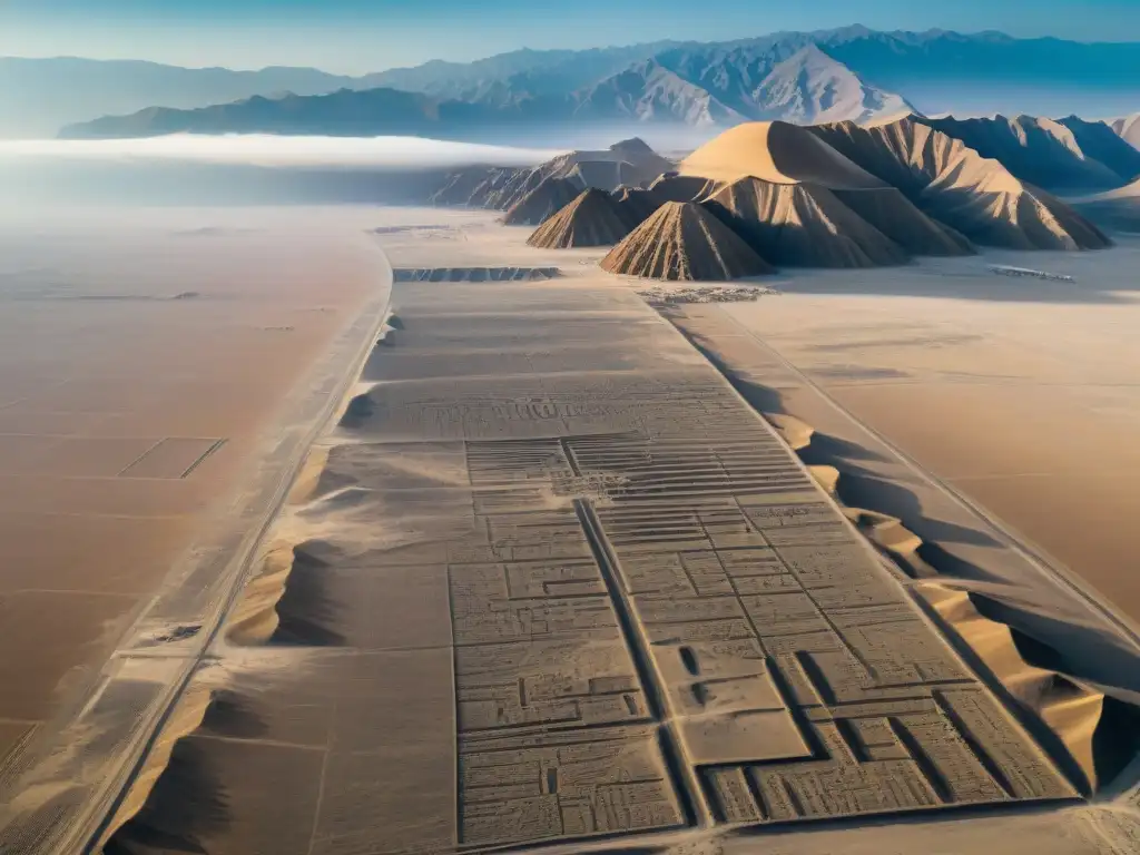 Vista aérea desértica de las enigmáticas Líneas de Nazca en Perú, revelando figuras geométricas y animales