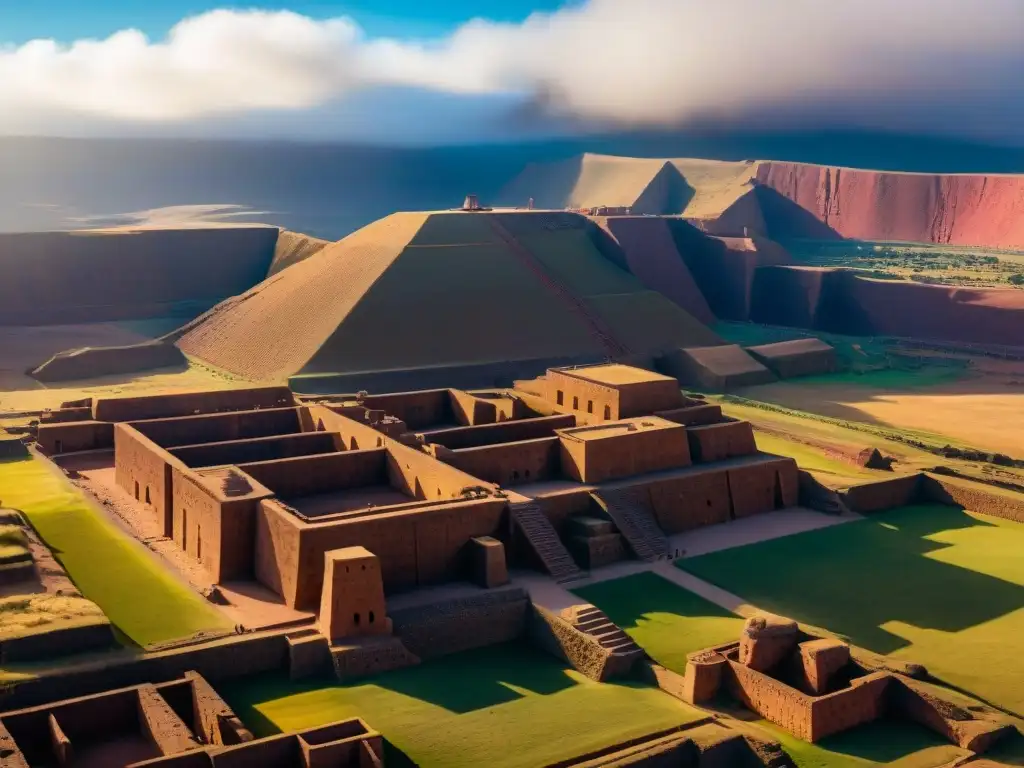 Vista aérea detallada de las antiguas ruinas de Tiwanaku, con patrones geométricos y montañas de los Andes al fondo