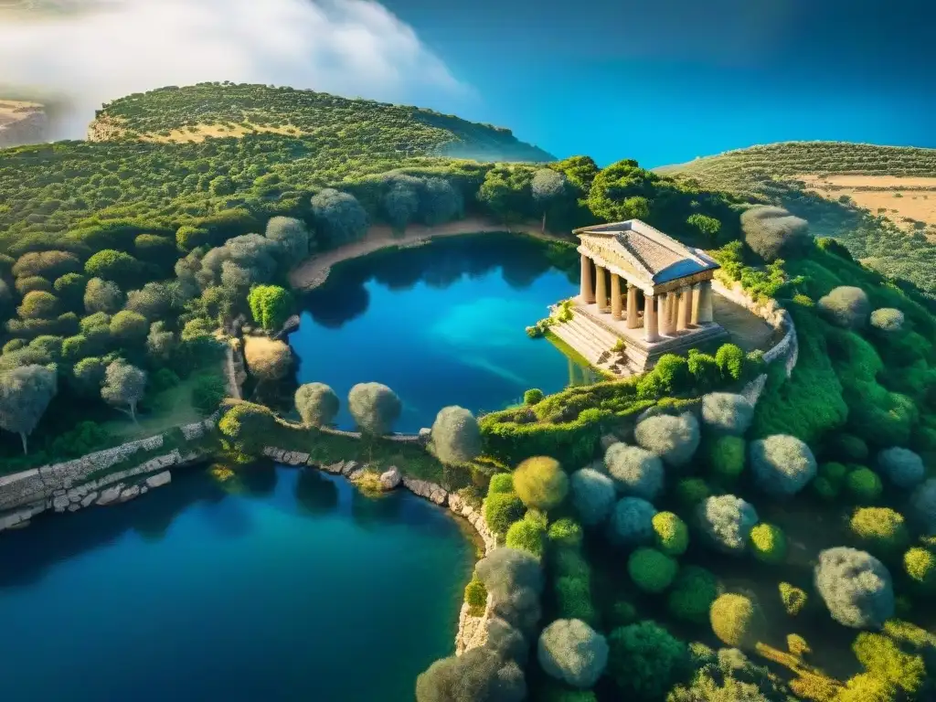 Vista aérea detallada de los antiguos templos megalíticos de Malta, rodeados de vegetación exuberante bajo un cielo azul