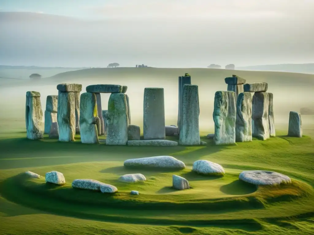 Vista aérea detallada de Stonehenge, mostrando el arreglo de enormes piedras contra el vasto campo