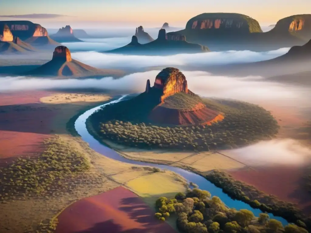 Vista aérea detallada al atardecer en el Outback australiano con un sitio sagrado aborigen y un río serpenteante