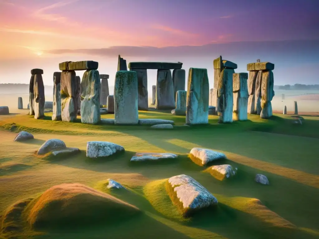 Vista aérea detallada de Stonehenge al atardecer, las piedras antiguas proyectan sombras con conexión cósmica templos antiguos esoterismo