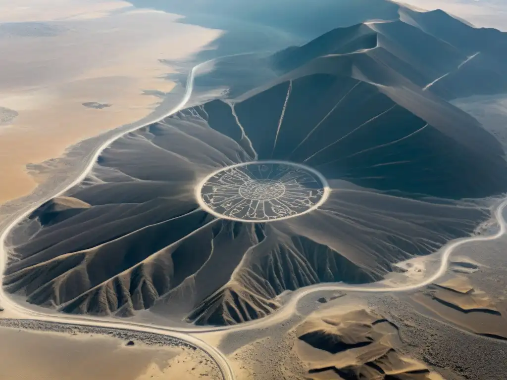 Vista aérea detallada de los enigmáticos geoglifos de las Líneas de Nazca, revelando su significado misterioso