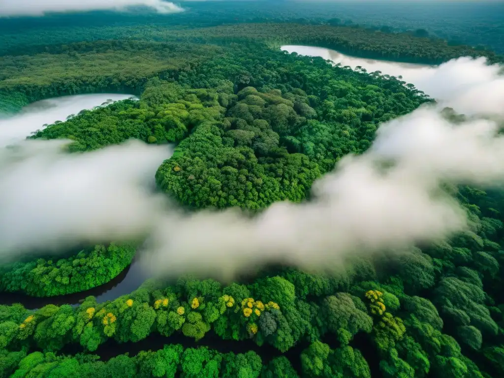 Una vista aérea detallada de la exuberante y densa selva amazónica, con río serpenteante y misterios civilizaciones antiguas Amazonía