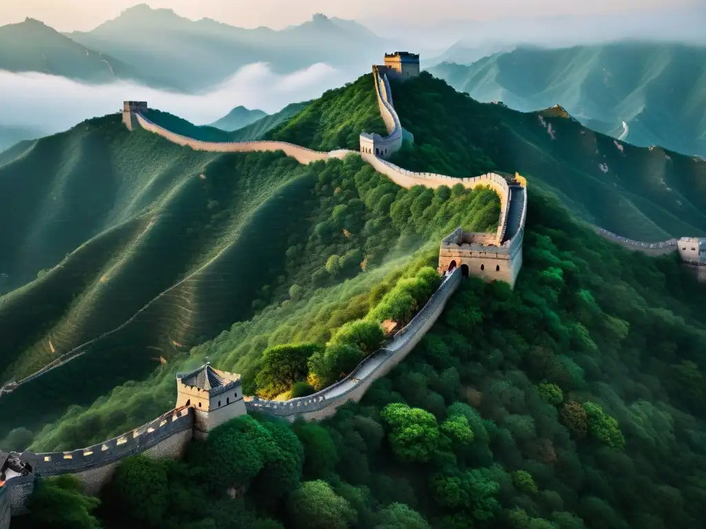 Vista aérea detallada de la Gran Muralla China entre montañas, destacando su ingeniería y belleza arquitectónica