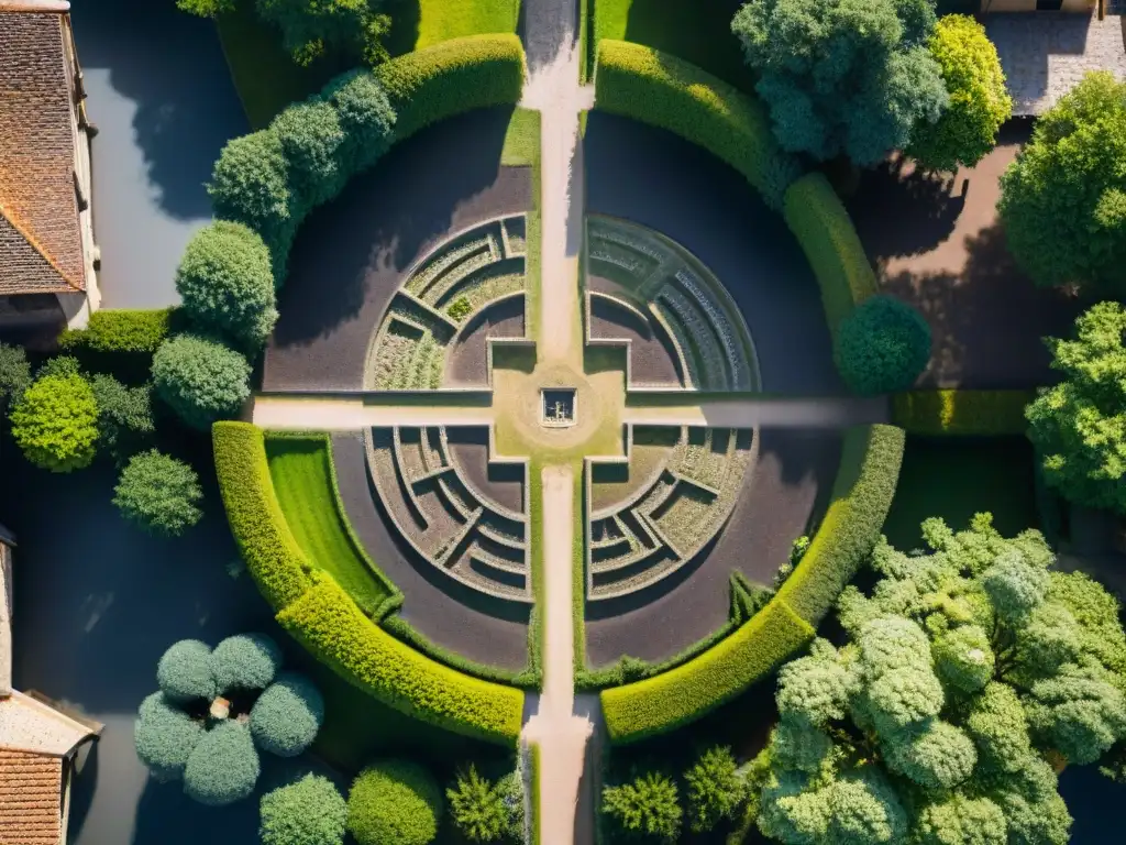 Vista aérea detallada del Laberinto de Chartres iluminado por la luz del sol, resaltando su diseño y espiritualidad para la meditación