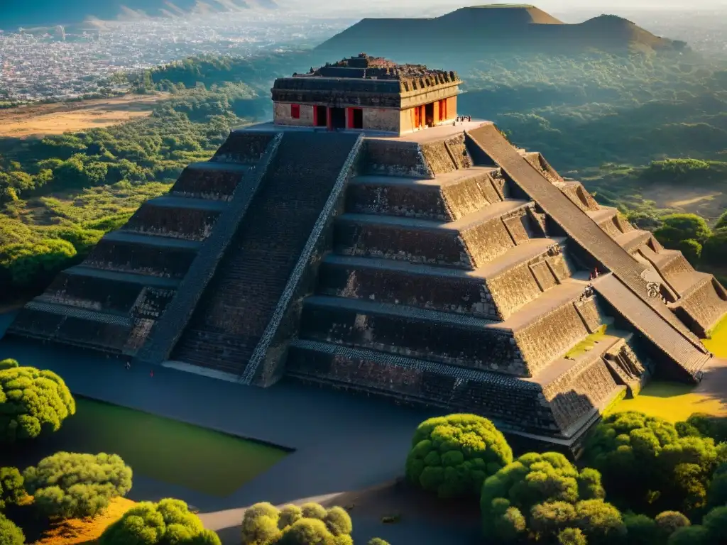 Vista aérea detallada de la majestuosa Pirámide del Sol en Teotihuacán, con sombras dramáticas y misterioso encanto