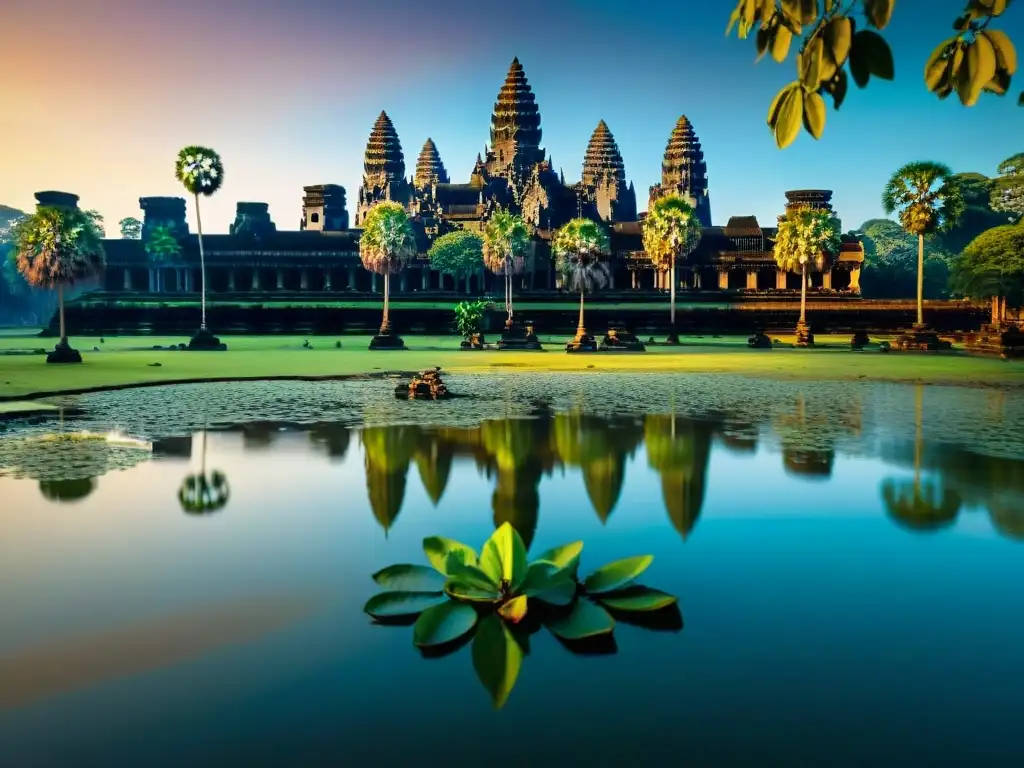 Vista aérea detallada de Angkor Wat al amanecer, destacando la majestuosidad de los misterios antiguos