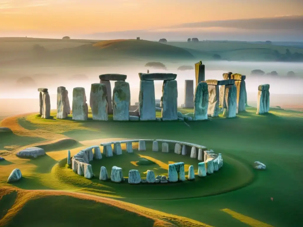 Vista aérea detallada de Stonehenge al amanecer, resaltando su majestuosidad y conexión con el calendario astronómico Stonehenge antiguo