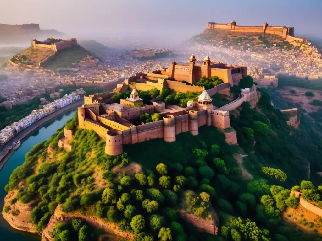 Vista aérea detallada del majestuoso Fuerte Mehrangarh en Jodhpur, India, resaltando su arquitectura e historia