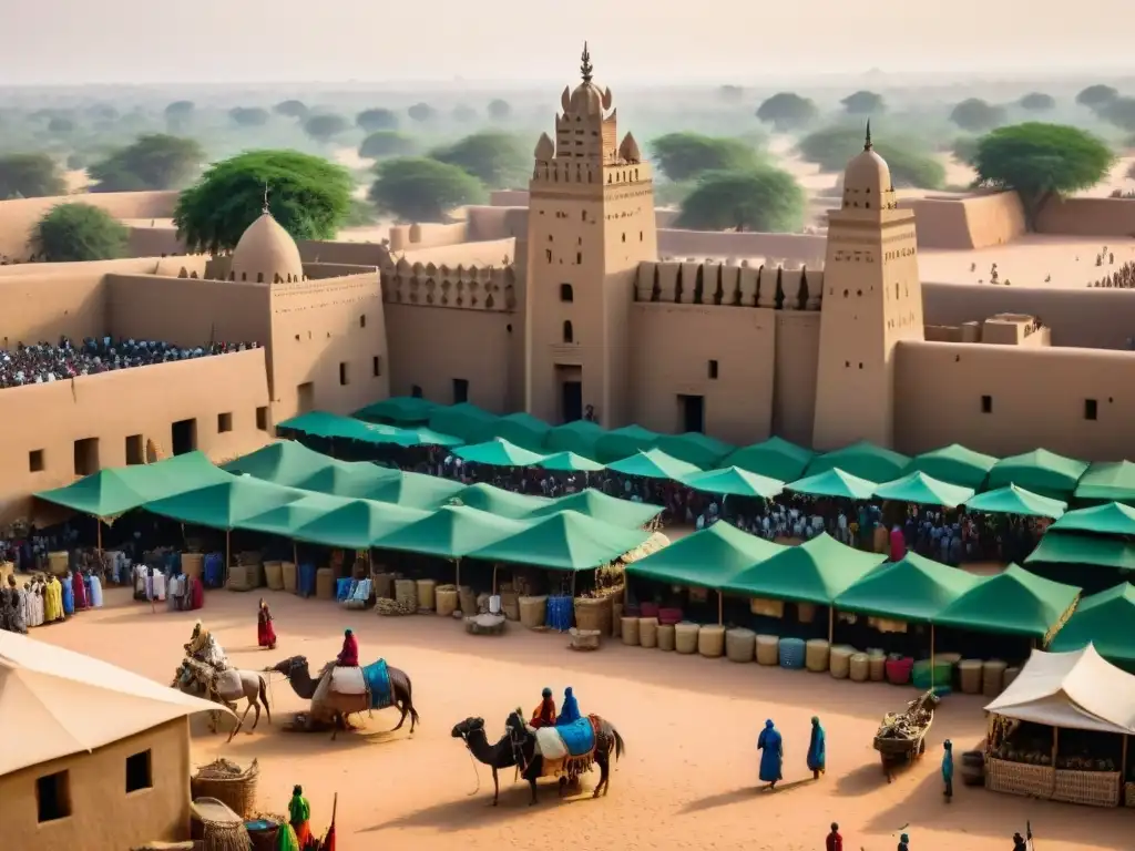 Vista aérea detallada de la Mezquita de Djenné, historia y arquitectura, en vibrante día de mercado en Mali