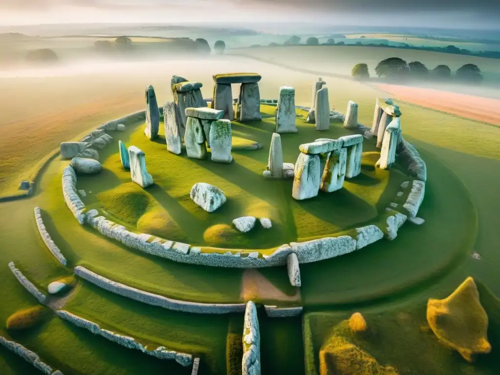 Vista aérea detallada de Stonehenge en Salisbury Plain, resaltando la misteriosa alineación de las piedras y el paisaje