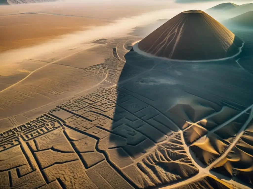 Vista aérea detallada de las misteriosas líneas Nazca en el desierto, con patrones geométricos