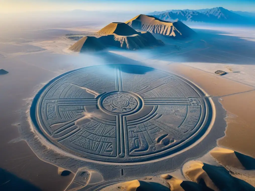 Vista aérea detallada de las misteriosas líneas Nazca, revelando formas geométricas y figuras animales en el suelo desértico